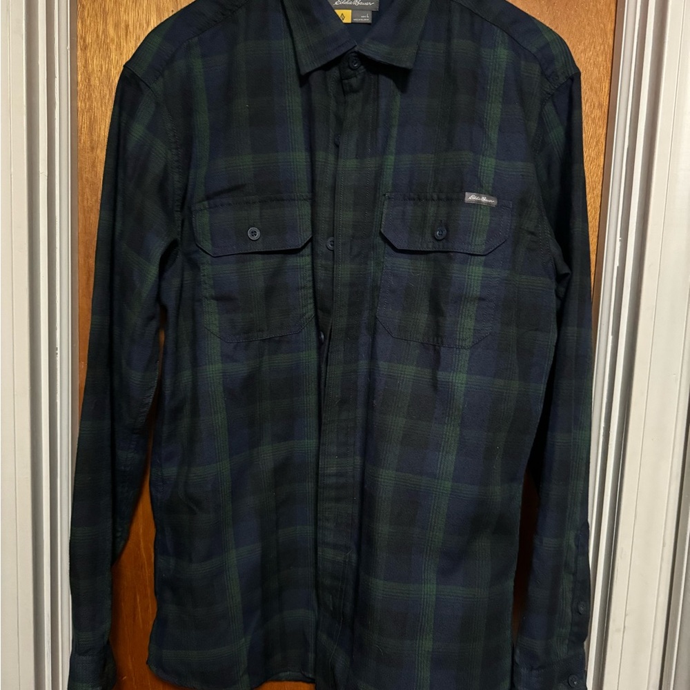 Eddie Bauer Tartan Plaid Green and Blue Flannel Shirt Men's Sz L